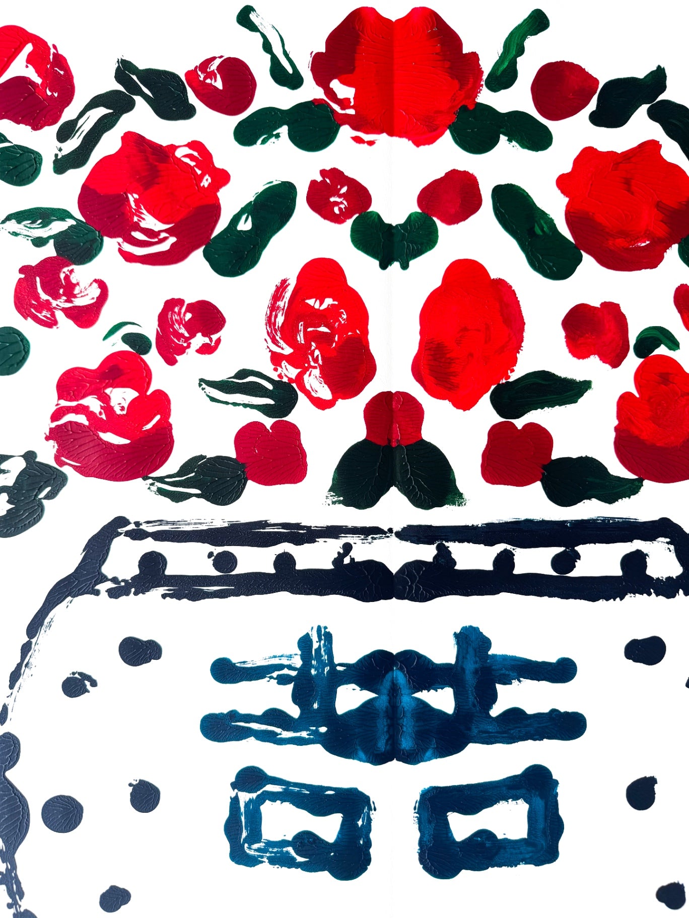 Double Happiness Ginger Jar Rorschach Series in Red with Blue Dots, 22x30”