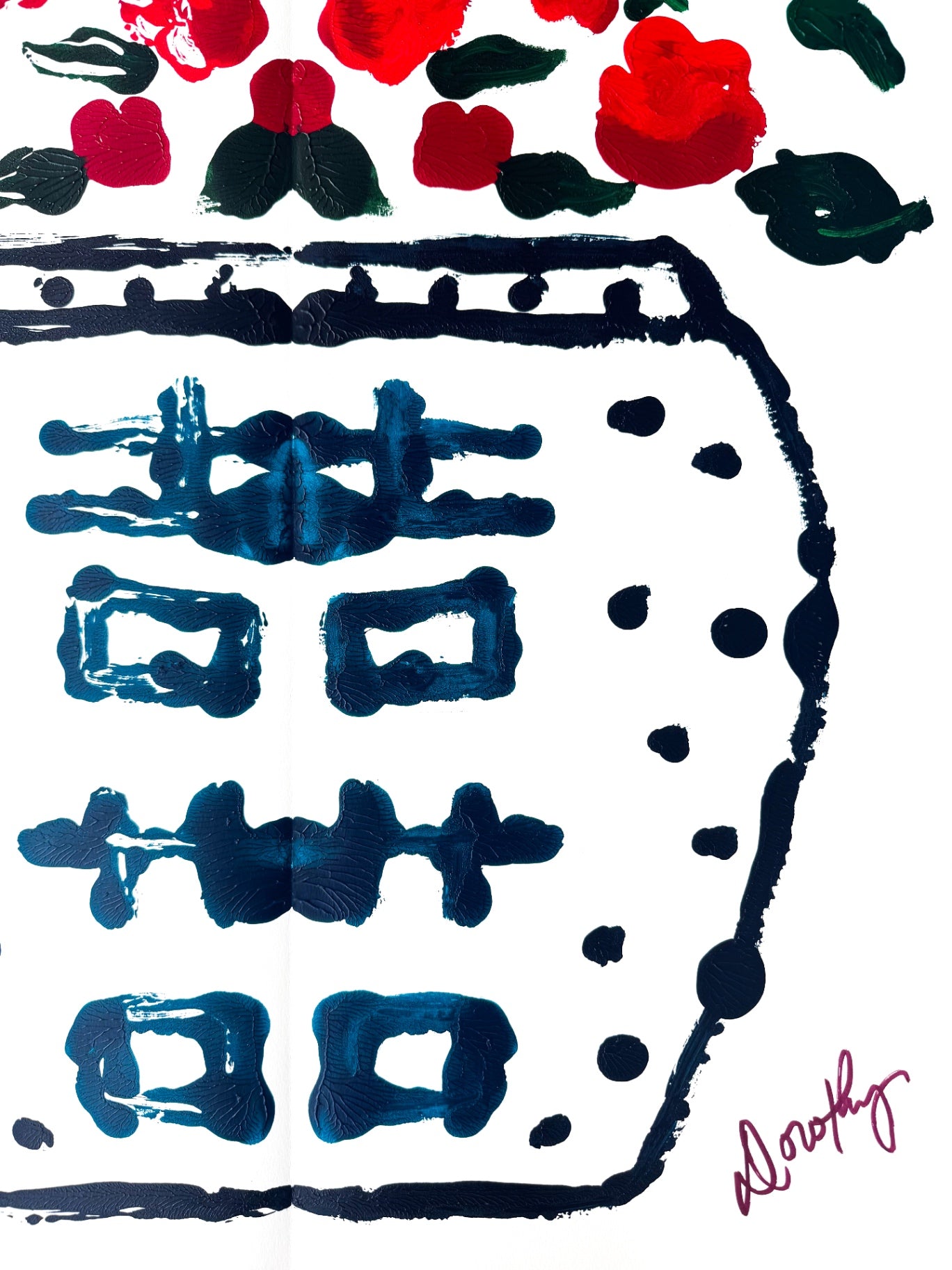 Double Happiness Ginger Jar Rorschach Series in Red with Blue Dots, 22x30”