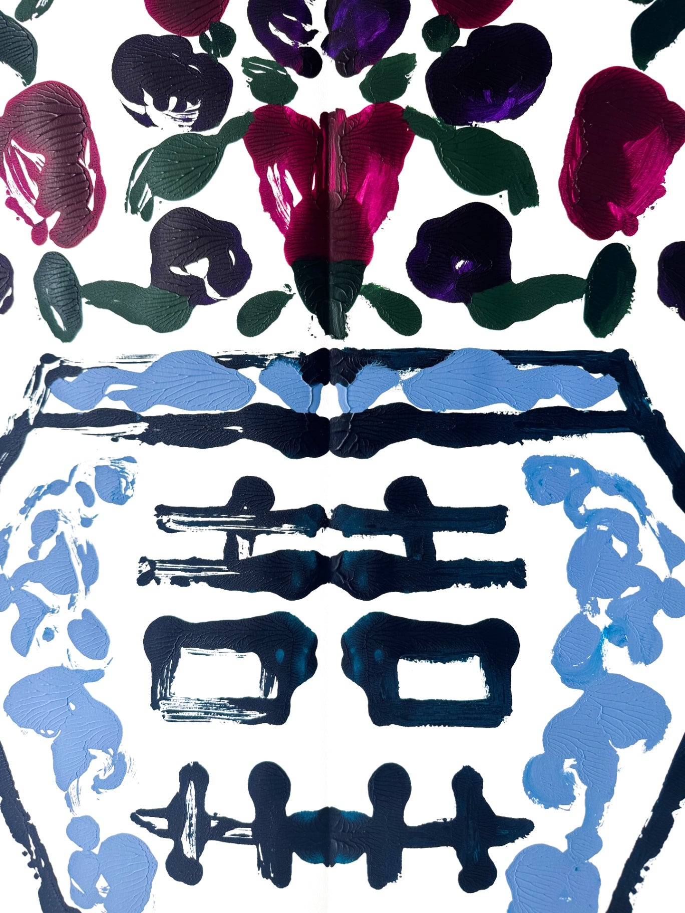 Double Happiness Ginger Jar Rorschach Series in Plum in light blue vase, 22x30”