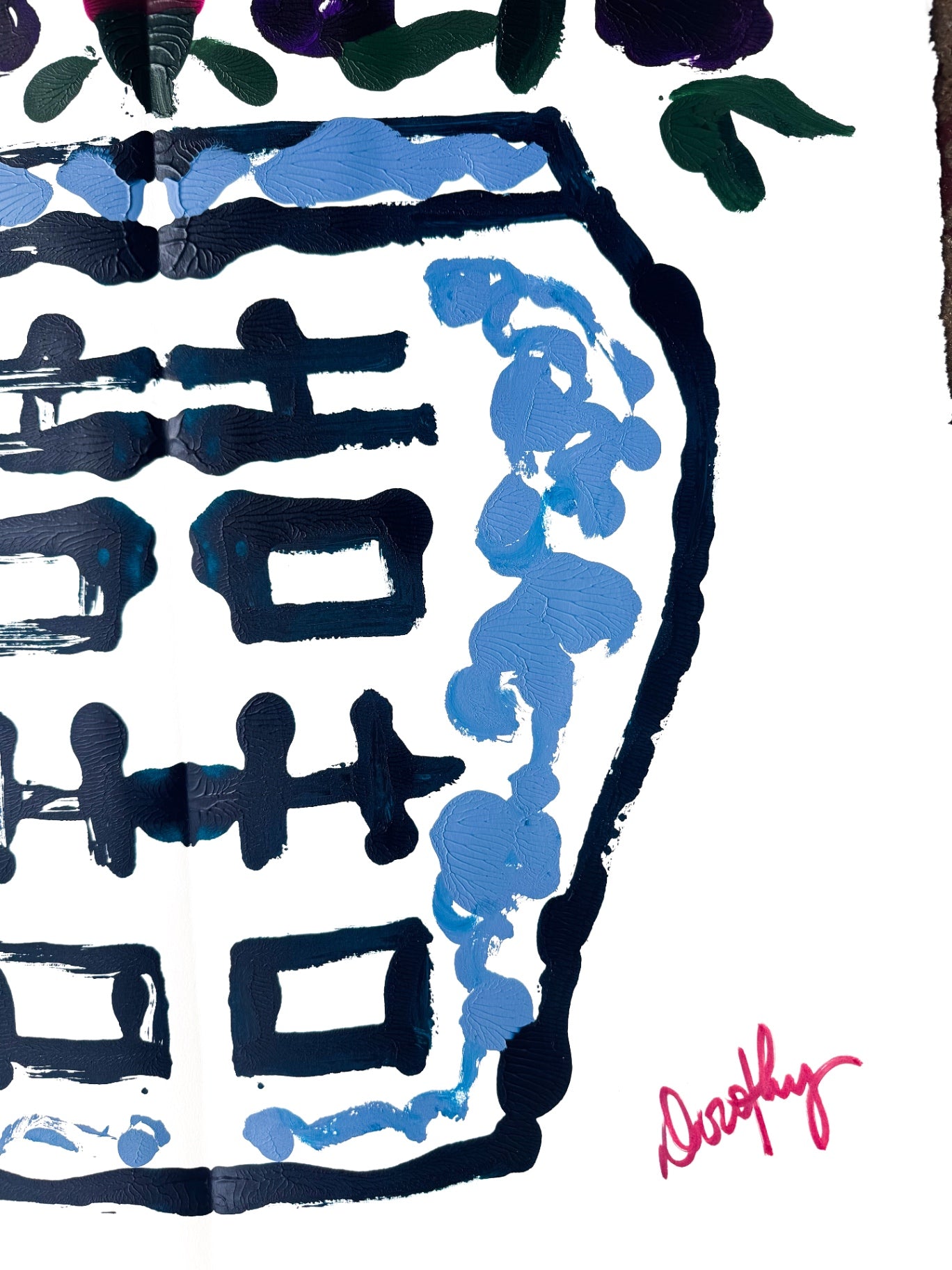 Double Happiness Ginger Jar Rorschach Series in Plum in light blue vase, 22x30”