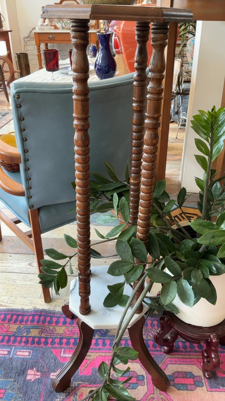 Vintage Traditional Turned Walnut & Marble Plant Stand