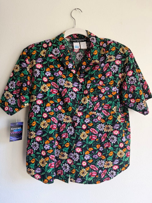 80s black floral shorts set