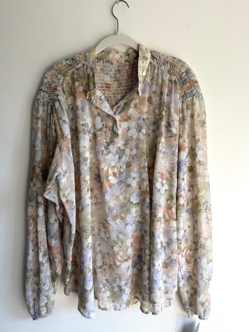 70s semi sheer smocked floral blouse