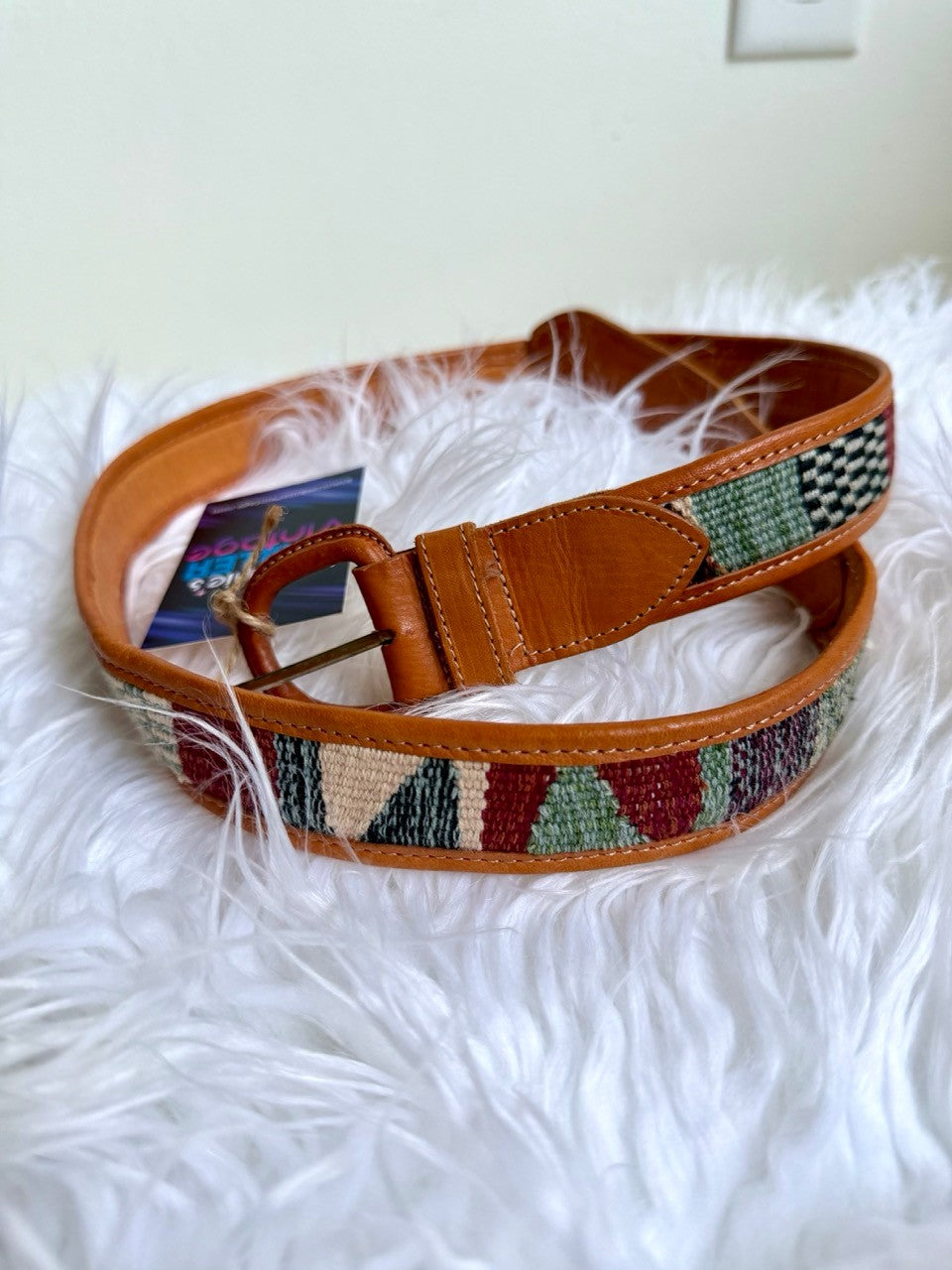 brown leather belt with woven inlay