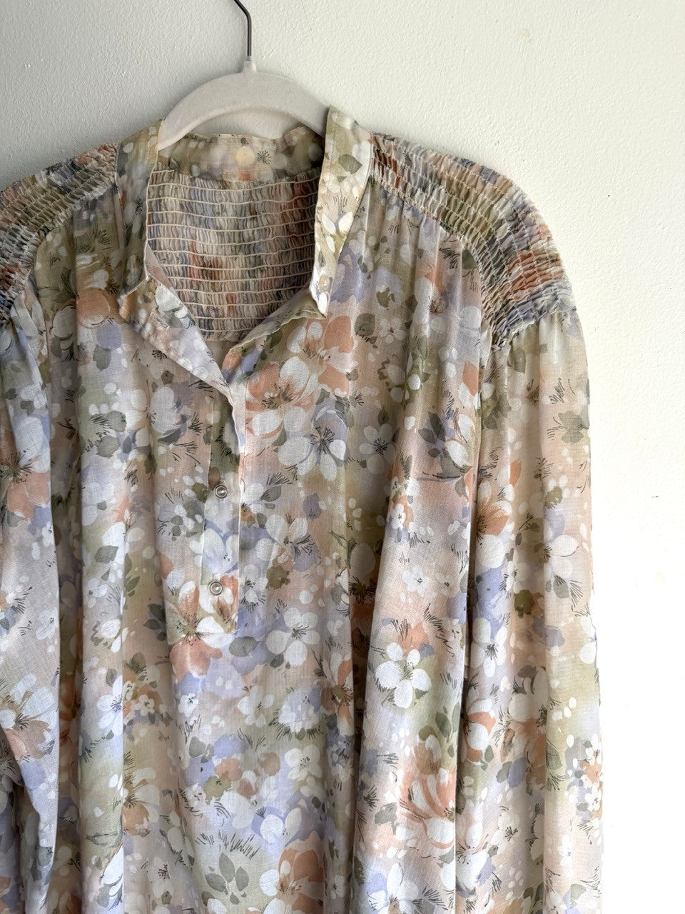 70s semi sheer smocked floral blouse