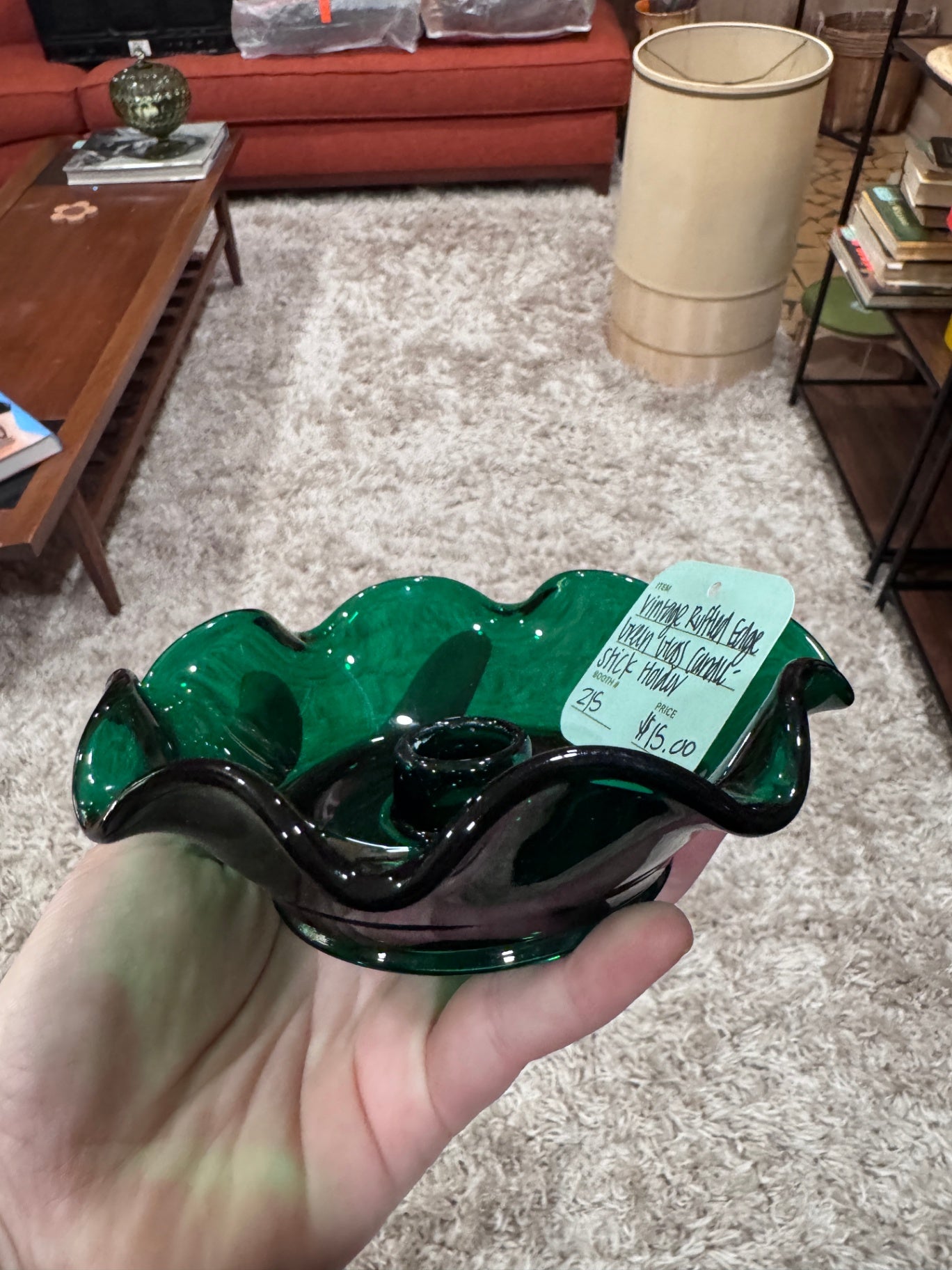 Vintage Viking Ruffled Edge Green Glass Candlestick Holder