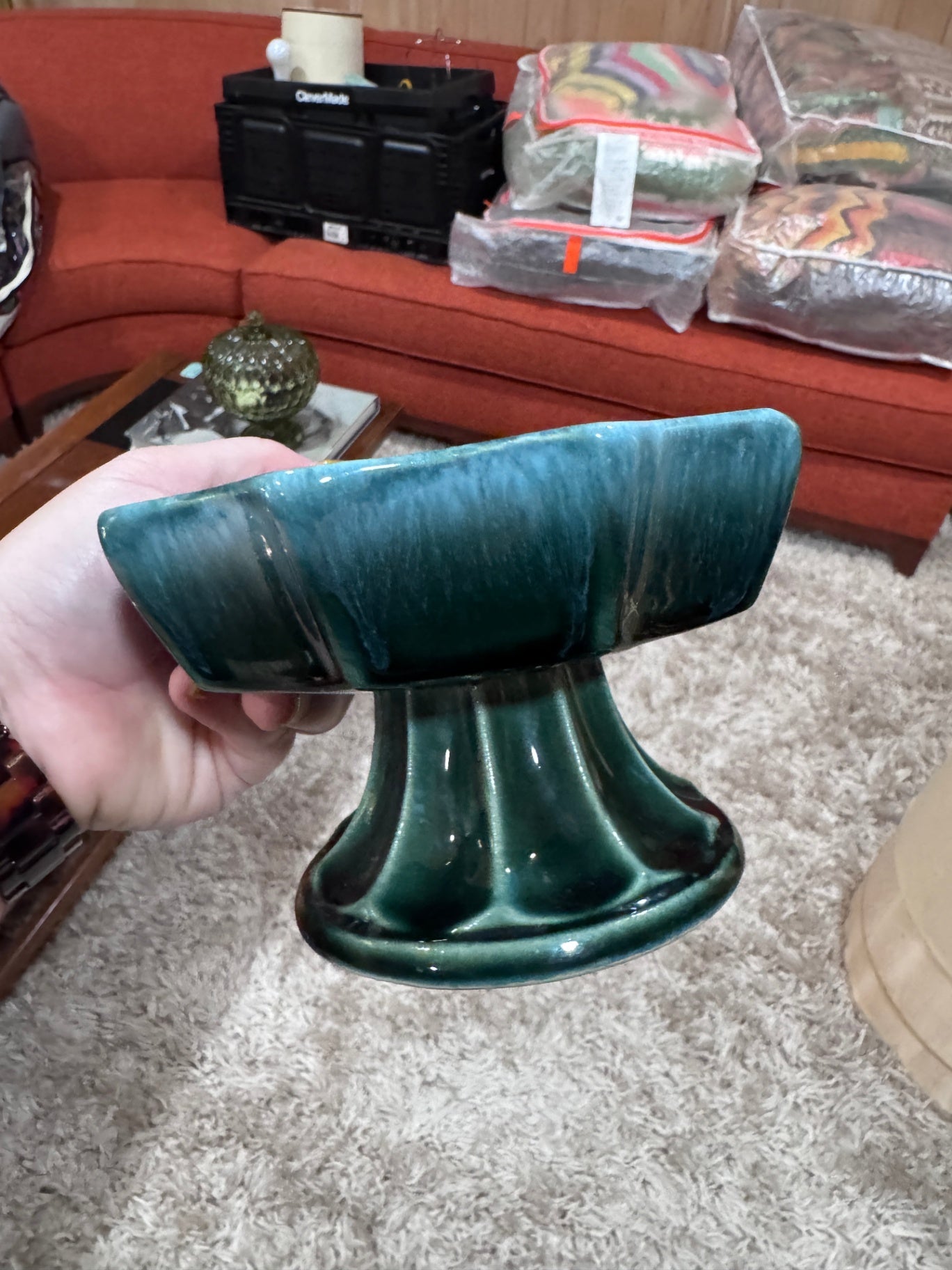 Hull USA F83 Green Fluted Pedestal Bowl