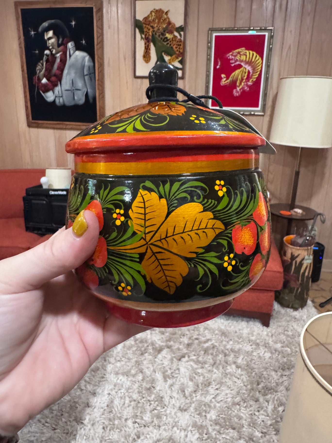 Vintage Russian Khokhloma Hand Painted Trinket Box