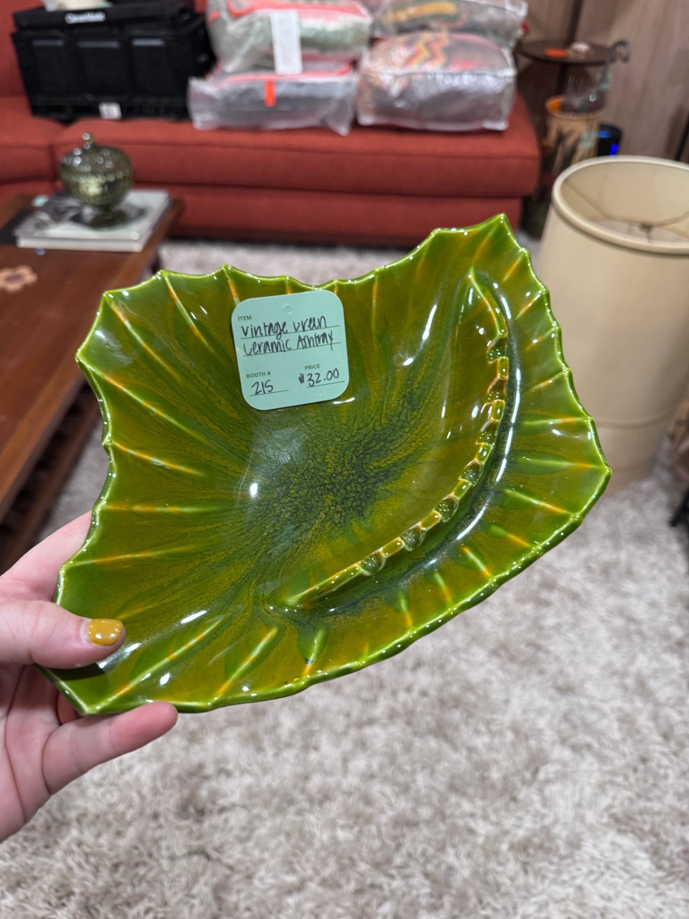 Vintage MCM Green Ceramic Ashtray
