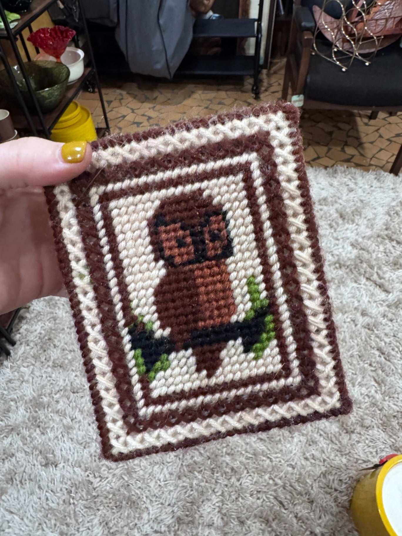 Handmade Cross-Stitched Owl Tissue Box Holder