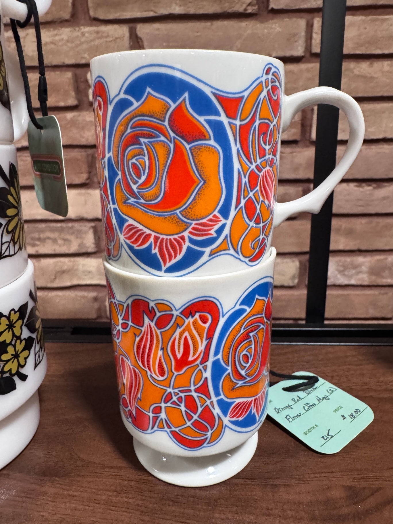 Vintage Orange Red Blue Flower Coffee Mugs (2)
