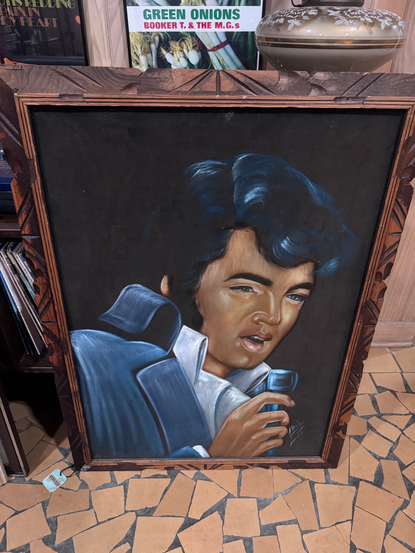 Large Vintage Velvet Elvis in Wood Frame