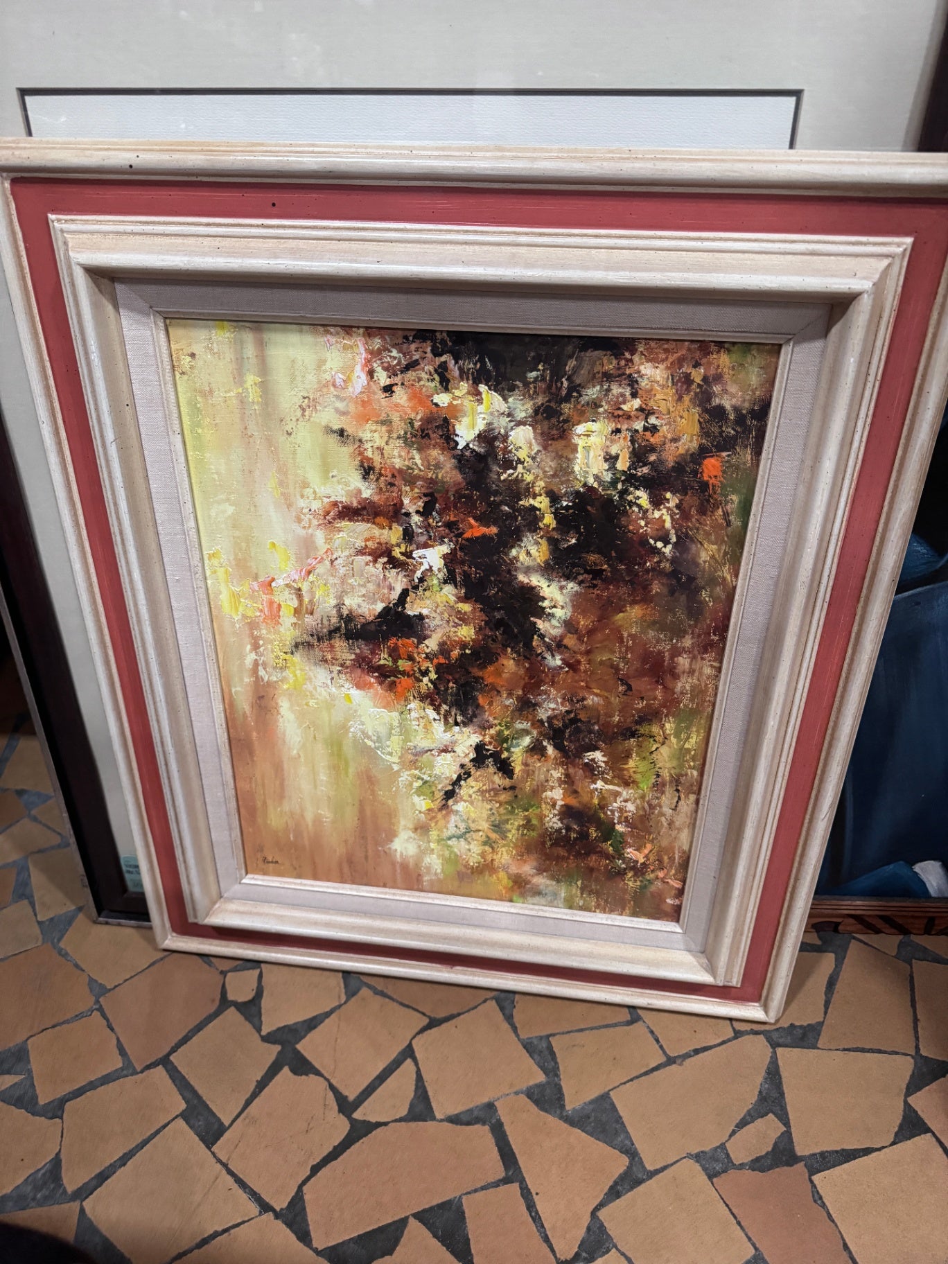 Vintage Abstract Oil Painting in Orange Frame