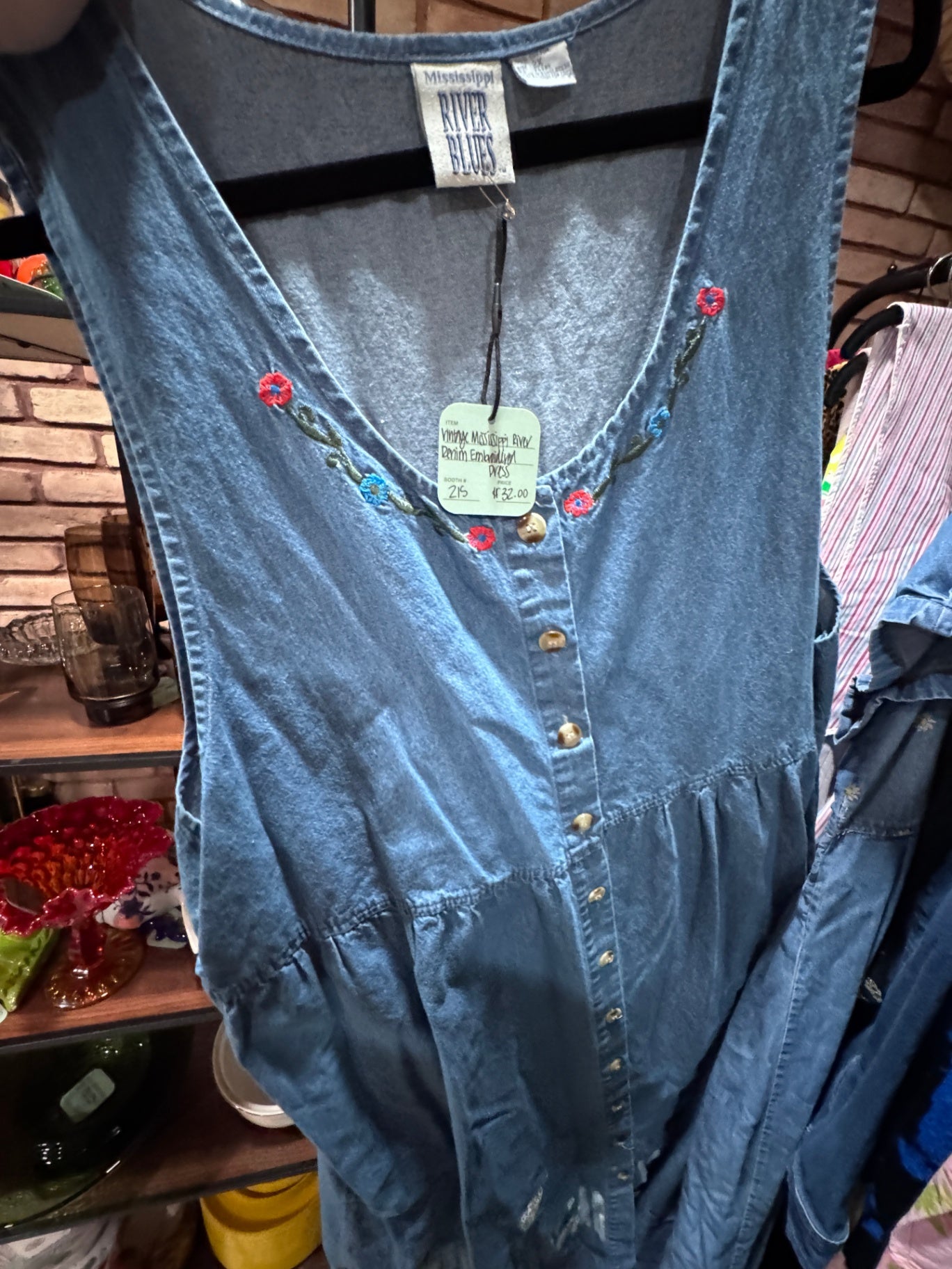 Vintage Mississippi River Blues Denim Embroidered Dress