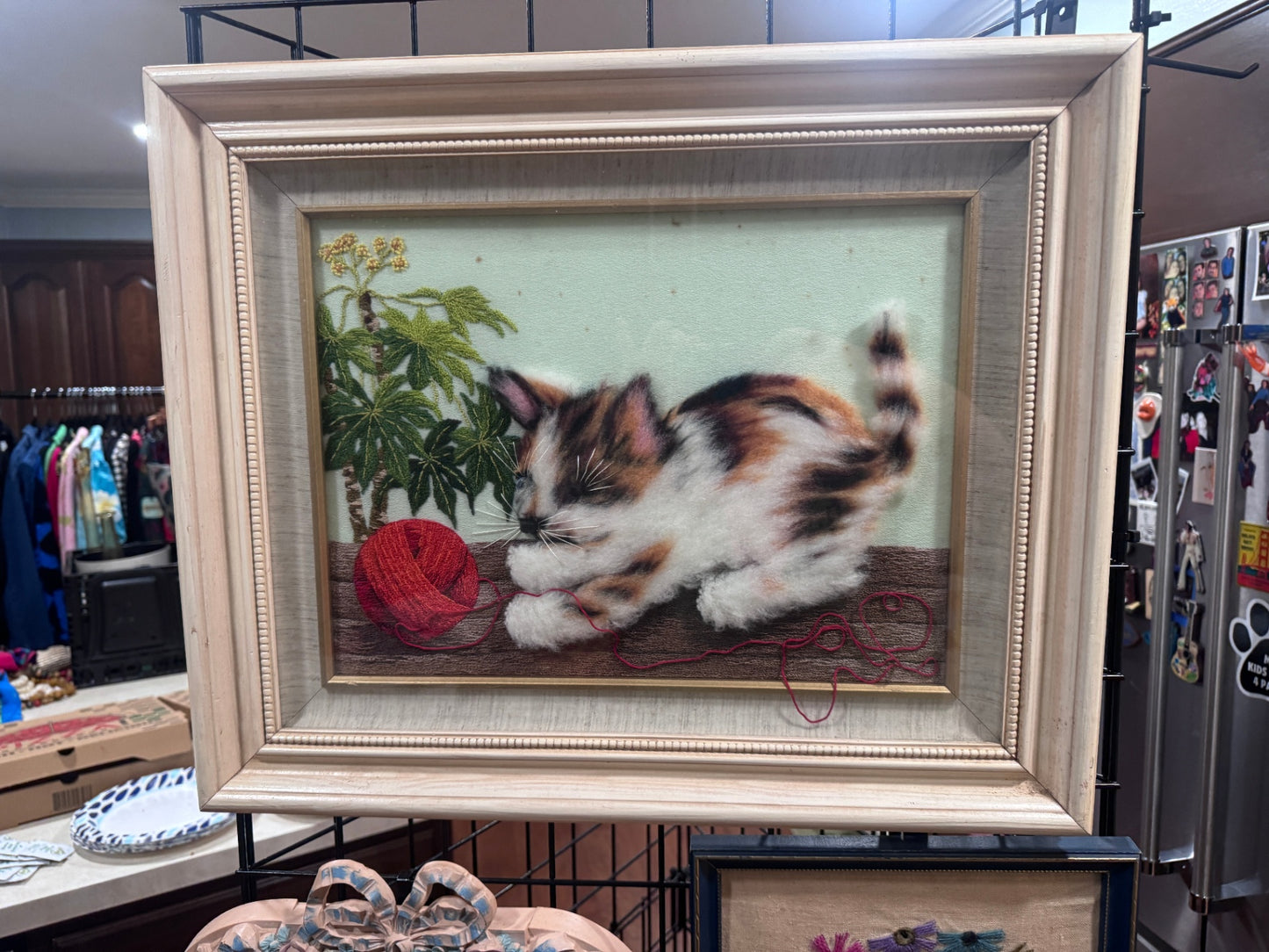 Framed Bunka Inspired Kitten Embroidery