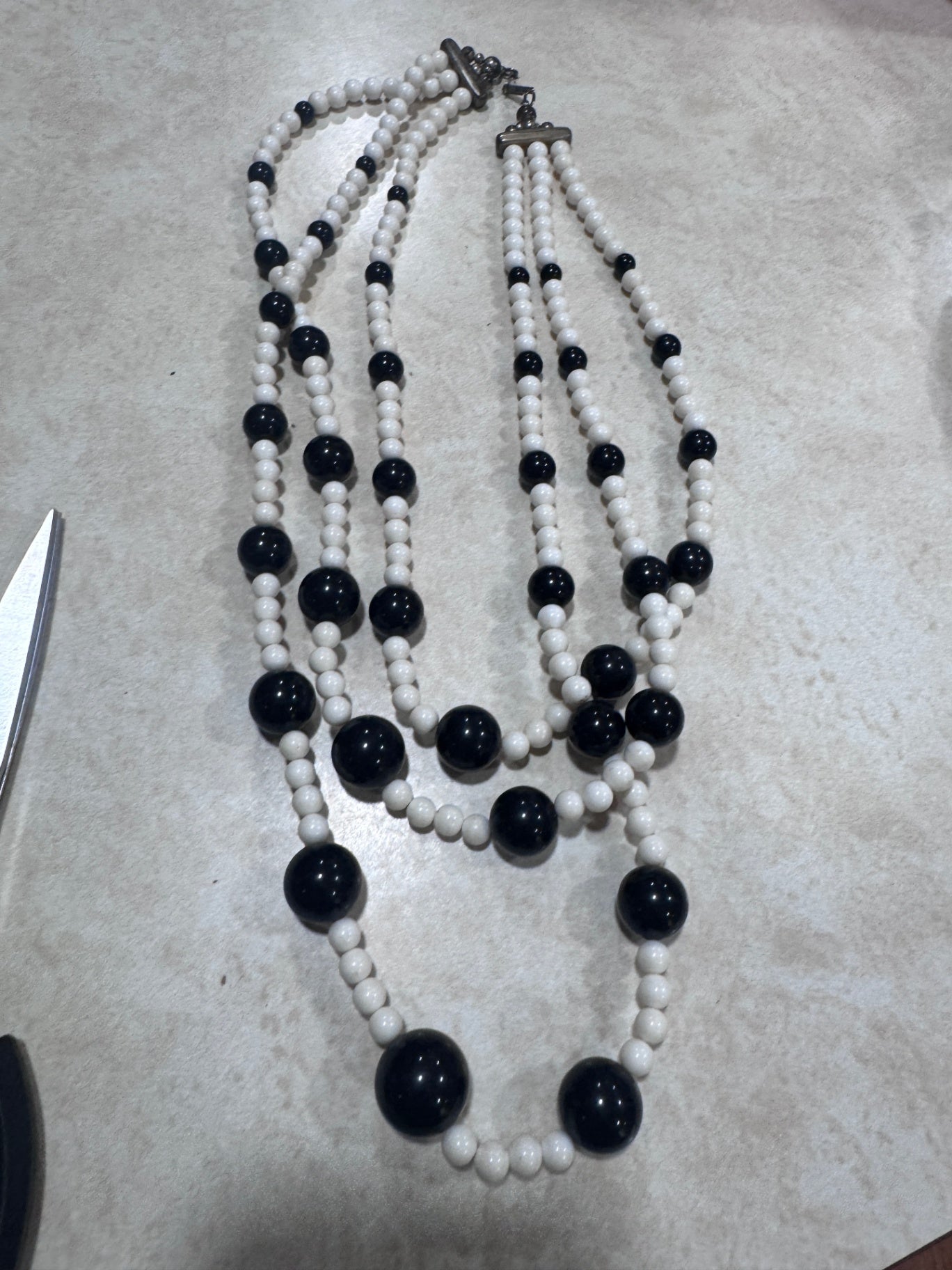 Vintage 3 Strand White & Black Beaded Necklace