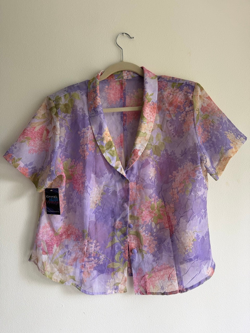 80s lavendar floral semi sheer top