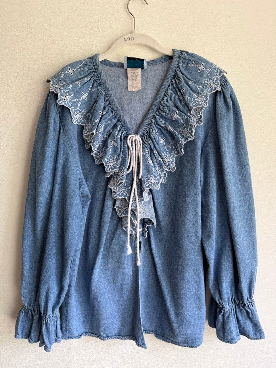 90s denim top with embroidered ruffle collar