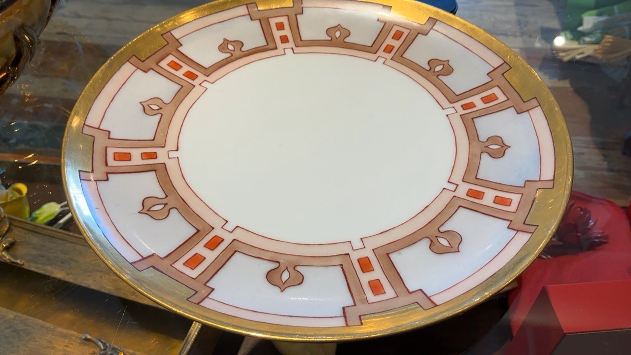 Geometric Porcelain Plate, gold and orange 