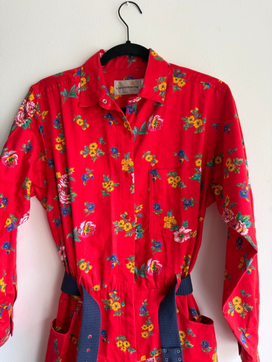 80s Liz Claiborne red floral cotton dress