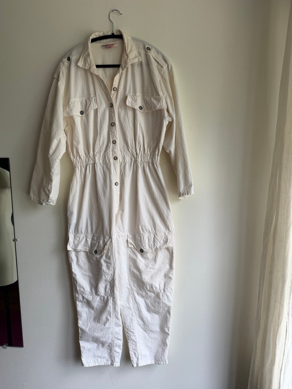 80s off white cotton cargo jumpsuit