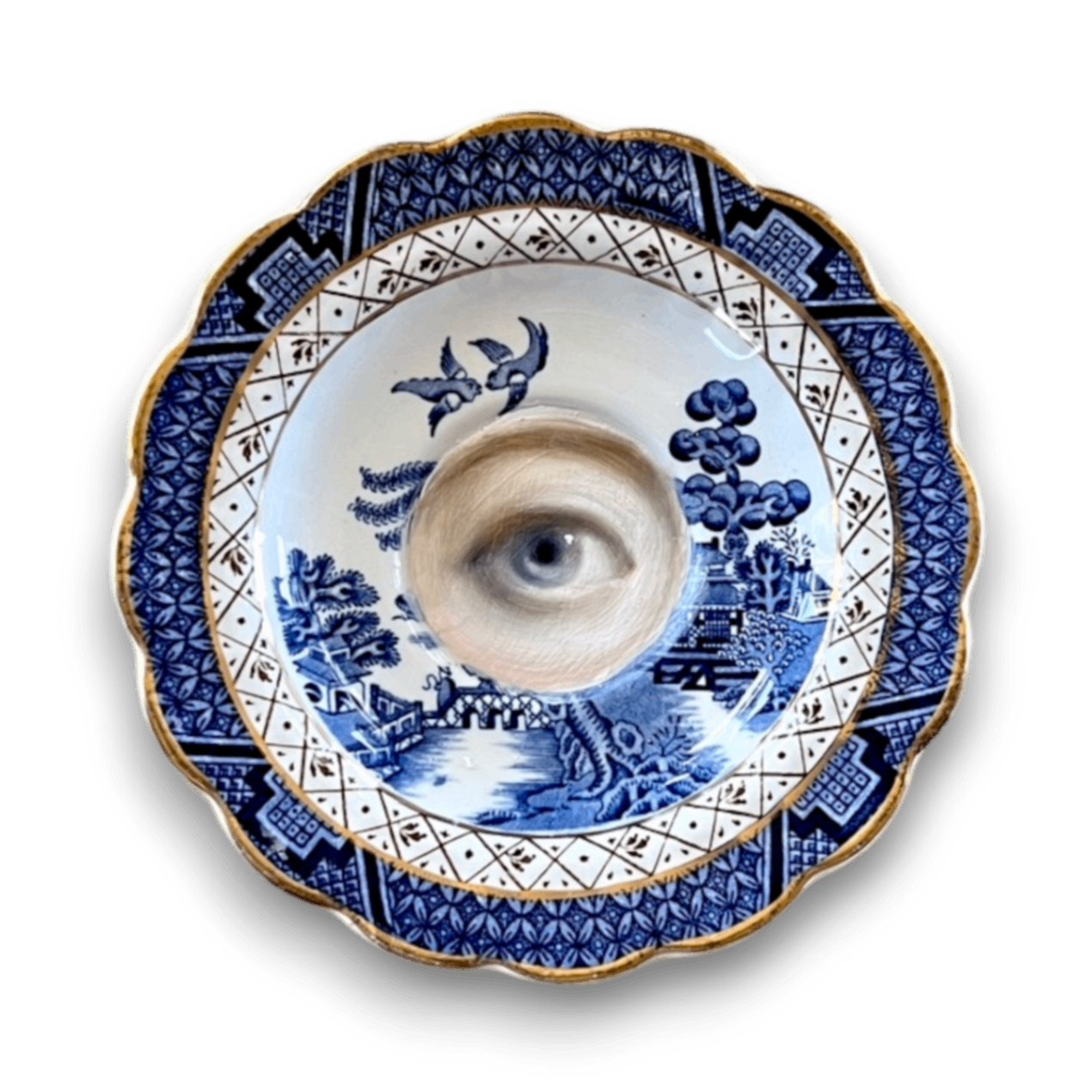 No. 3601 Lover's Eye Painting on a "Real Old Willow" Staffordshire Plate by Susannah Carson