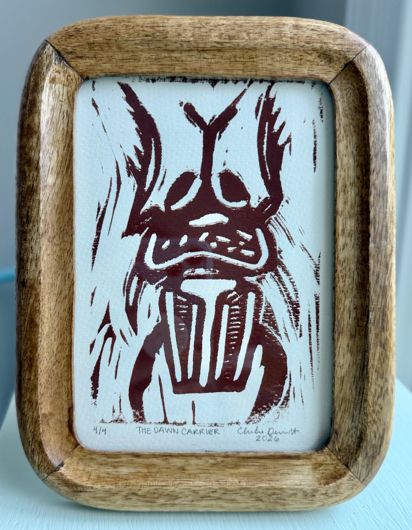 4/4 The Dawn Carrier By Chelsea Demarest | Hand-carved original block print | 8.5x6.5