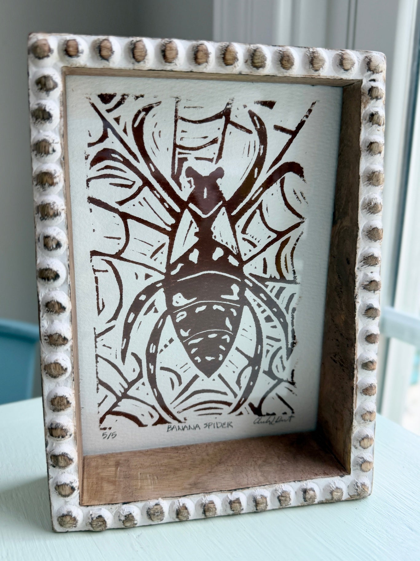 5/5 Banana Spider By Chelsea Demarest | Hand-carved Original Block Print | 7.5x5.5
