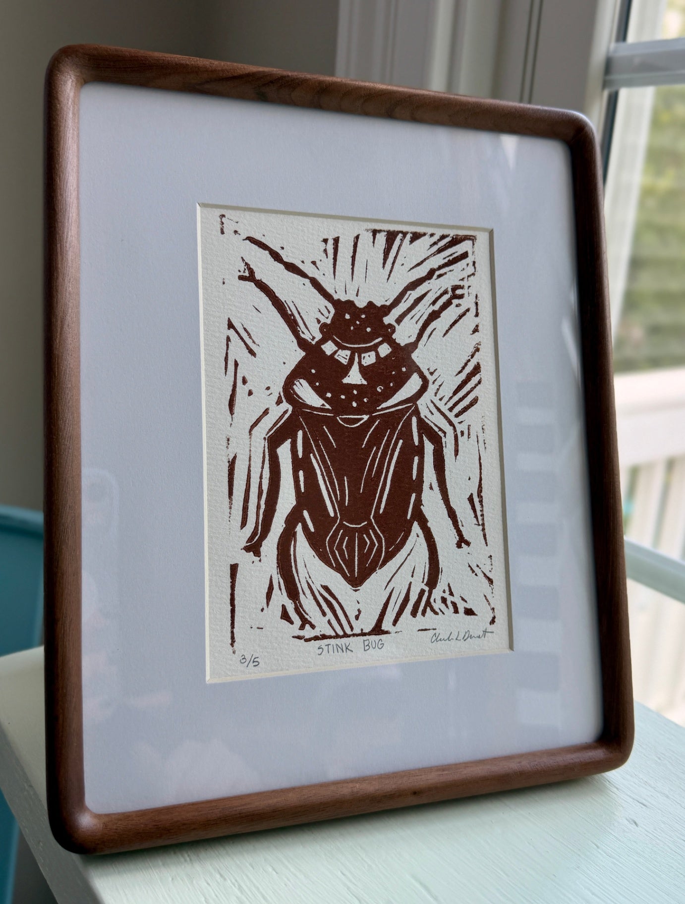 3/5 Stink Bug By Chelsea Demarest | Hand-carved Original Block Print | 10.5x8.5