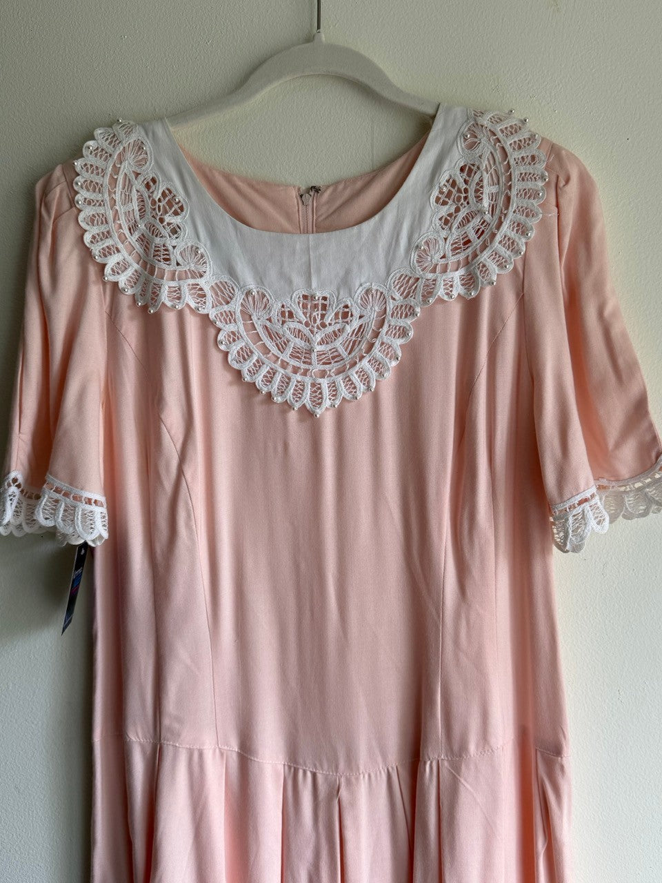 80s Plaza South pink lace beaded collar midi dress