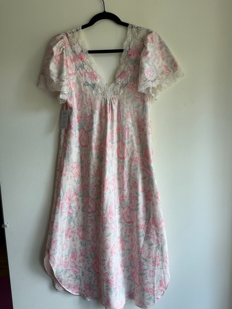 70s floral lace trim beaded slip dress/ night gown
