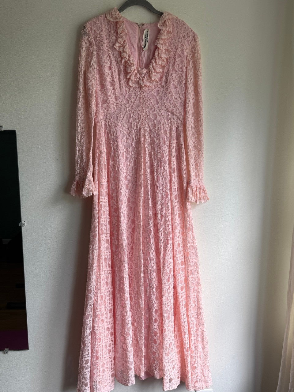 60s pink lace ruffle collar maxi dress