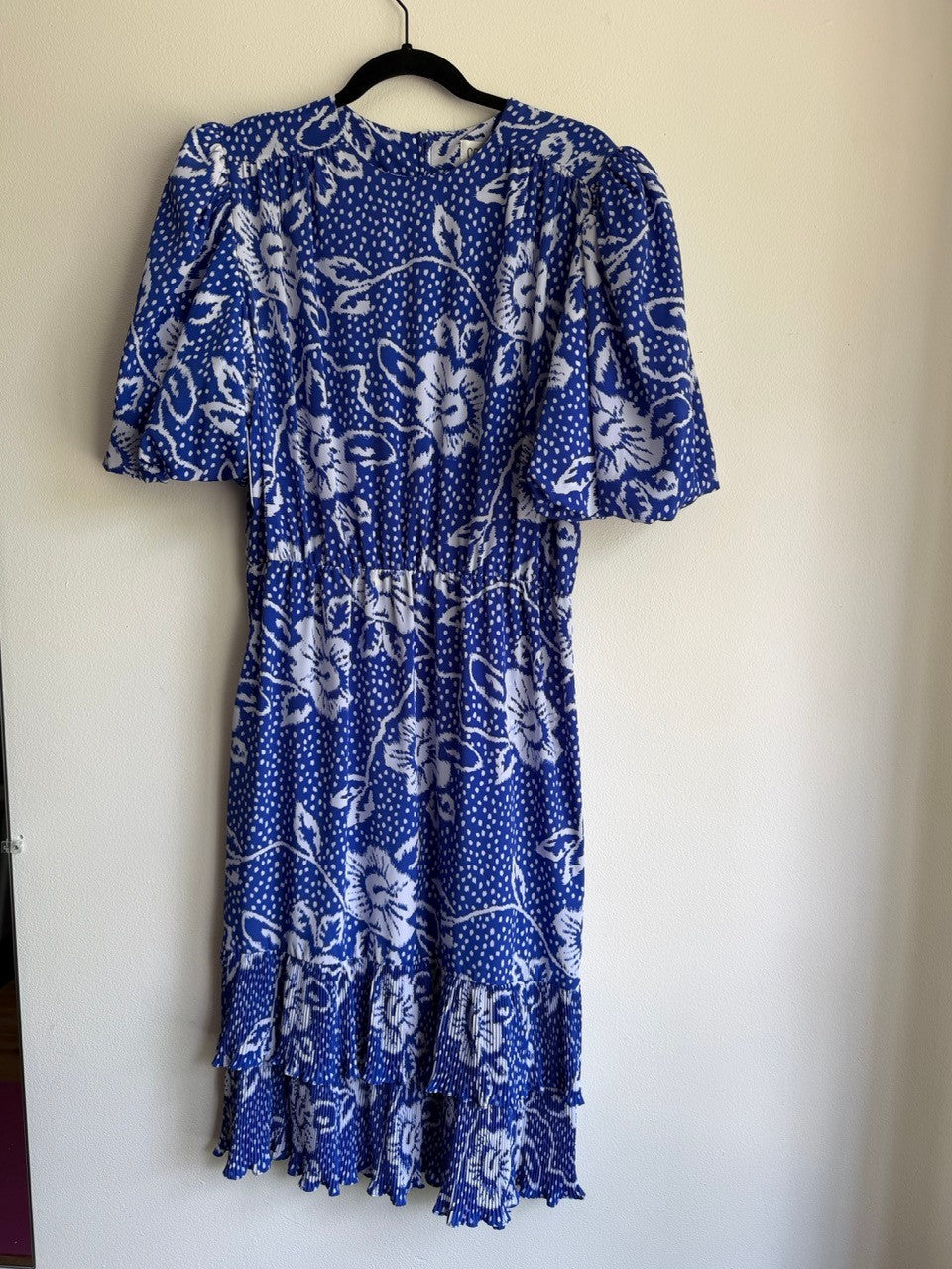 80s blue & white floral pleated ruffle dress