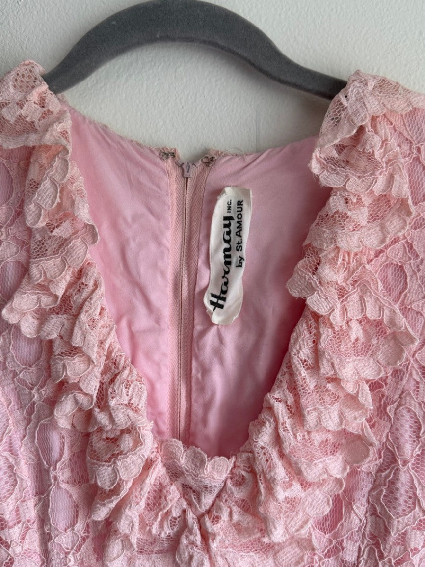 60s pink lace ruffle collar maxi dress