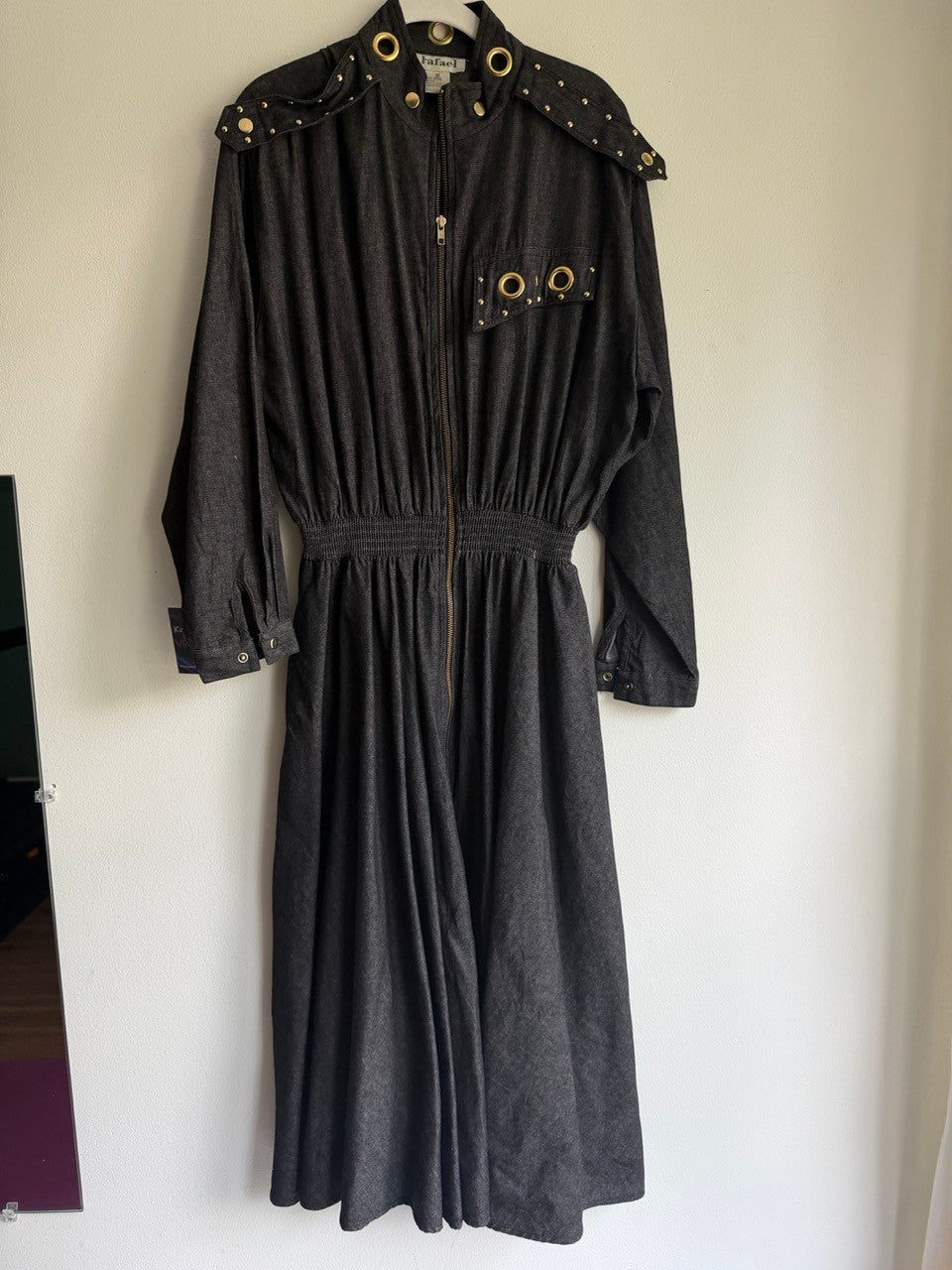 80s black denim gold studded midi dress