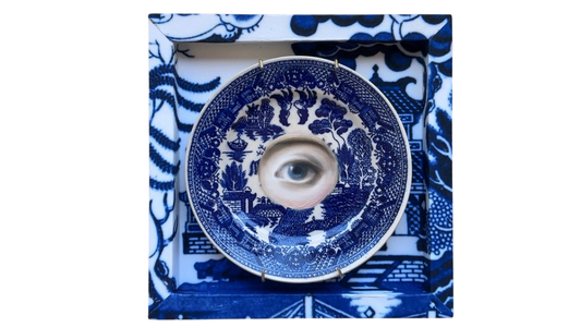 No. 3598 Lover's Eye Painting on a Blue Willow Staffordshire Plate by Susannah Carson
