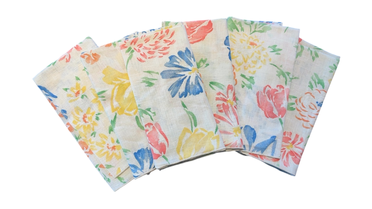 Vintage Linen Floral Pastel Napkins (6)