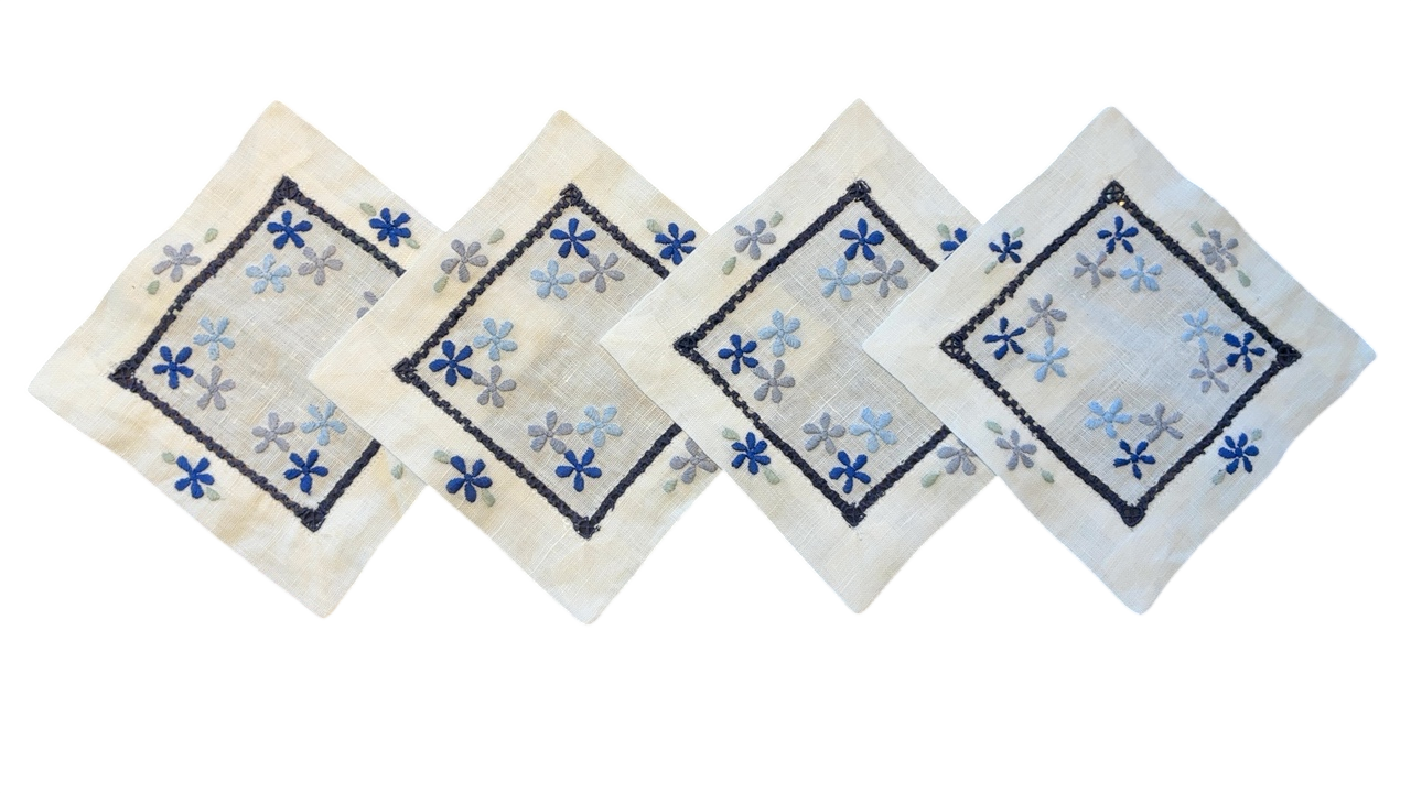 ‘Hibiscus Linens’ Embroidered Blue Floral Cocktail Napkins (4)