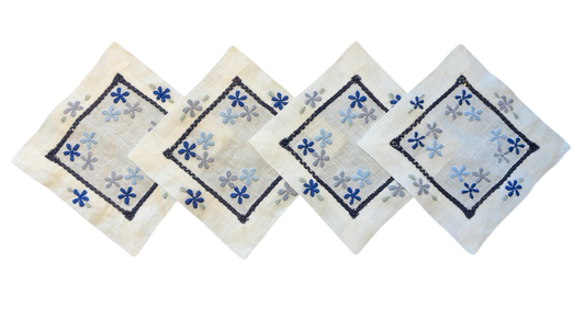 ‘Hibiscus Linens’ Embroidered Blue Floral Cocktail Napkins (4)