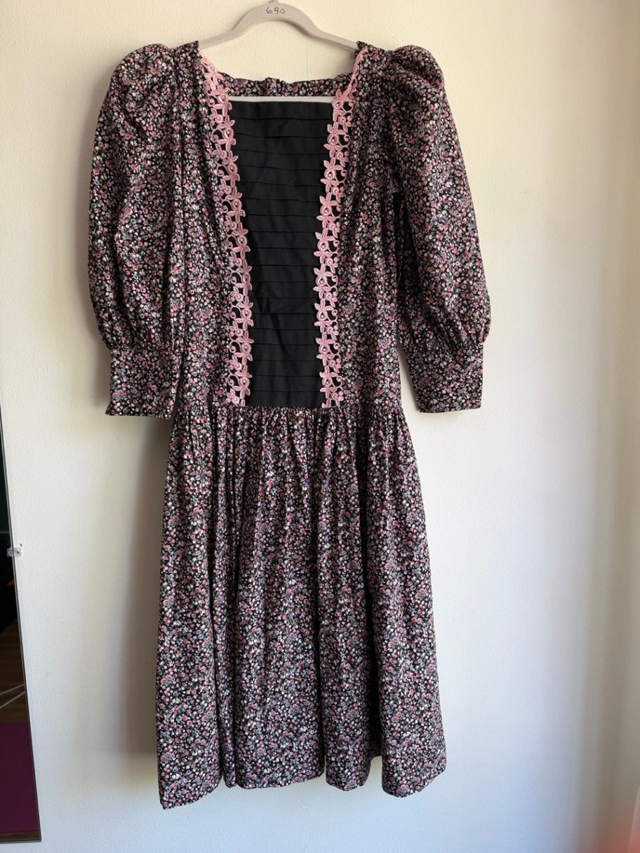 80s floral black inset prairie dress