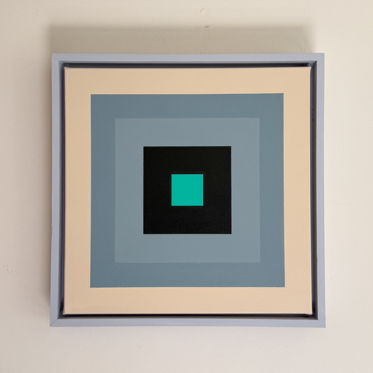 “Color Echo- Turquoise” by Rebecca Dodson, acrylic on canvas mounted in float frame, 16”x16”