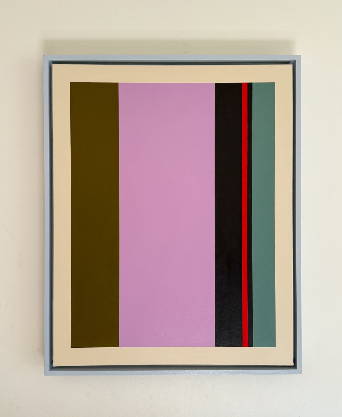 “Offset One” by Rebecca Dodson, acrylic on canvas mounted in float frame, 24” x 30” 