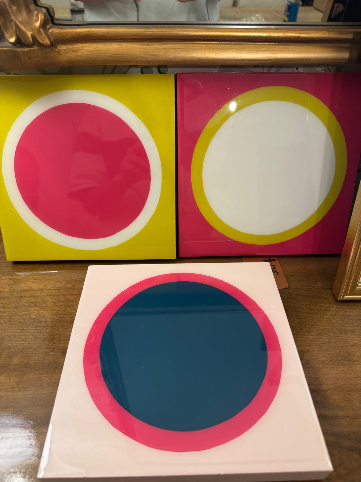Kayla Diskin Art, Painting 8x8 Pink, White, Yellow, Blue