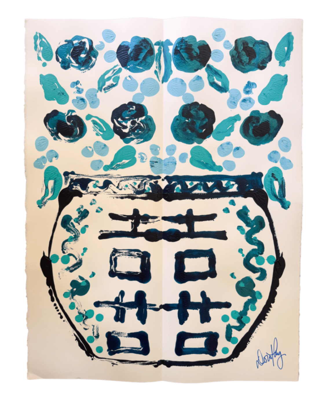 “Brilliant in Blue” Rorschach Double Happiness Ginger Jar Acrylic Painting 22x30”