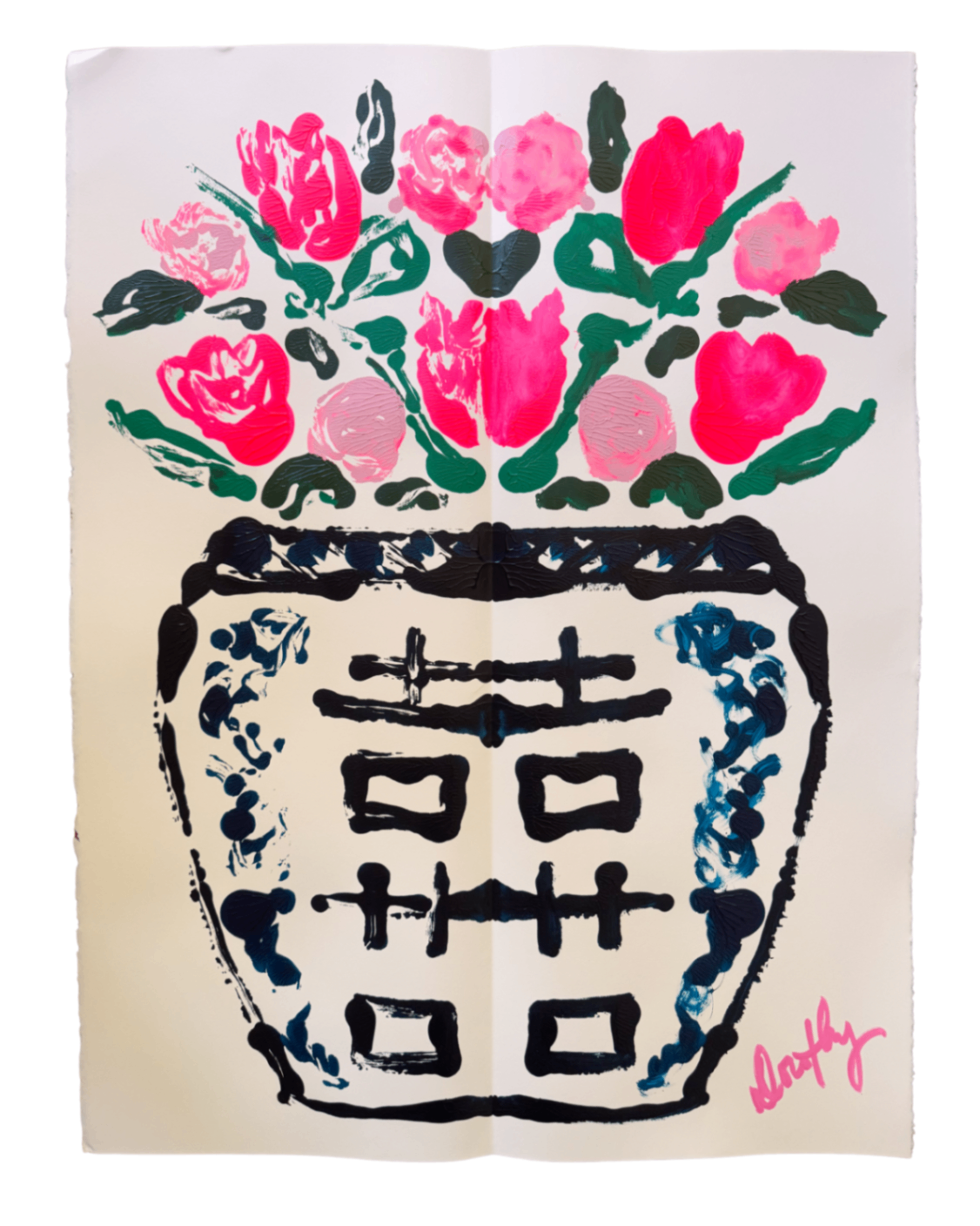 “Perfectly Pink” Rorschach Double Happiness Ginger Jar Acrylic Painting 22x30”