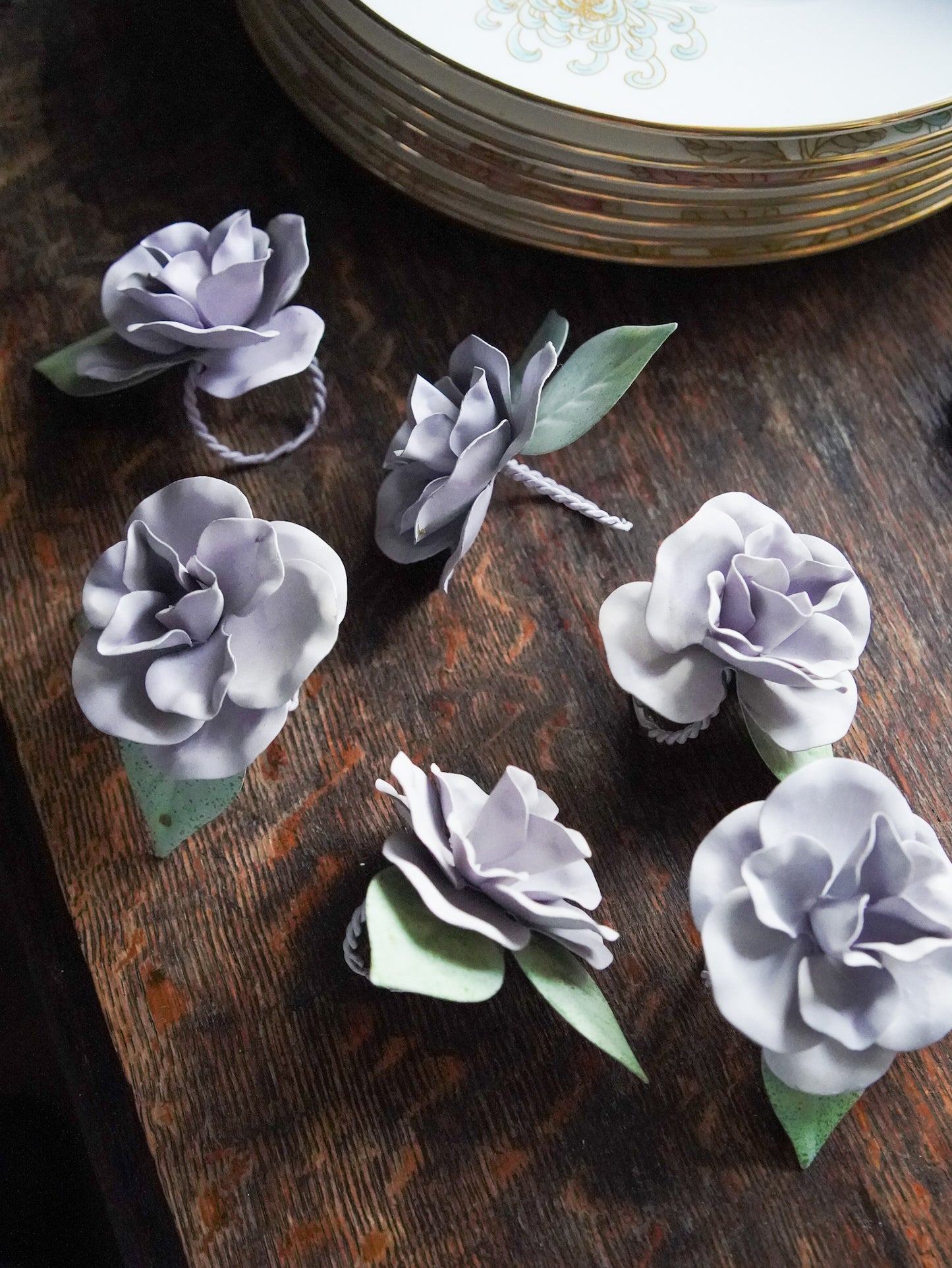 Set of 6 Vintage Lilac Tole Floral Napkin Rings