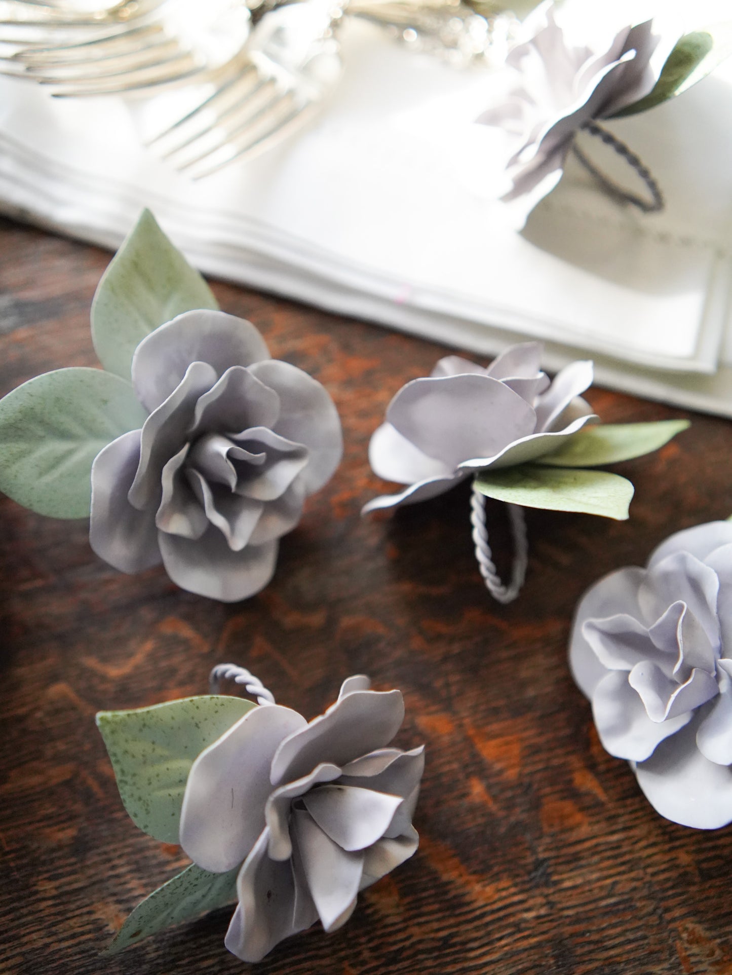 Set of 6 Vintage Lilac Tole Floral Napkin Rings