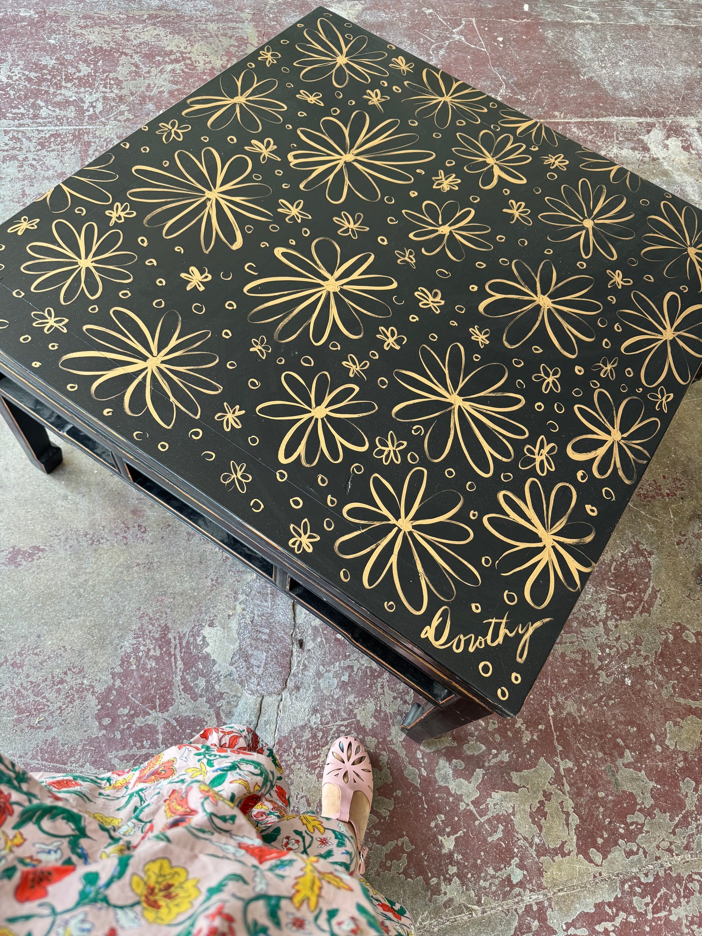 ”Midnight Bloom” by Dorothy Art, mixed media on vintage coffee table