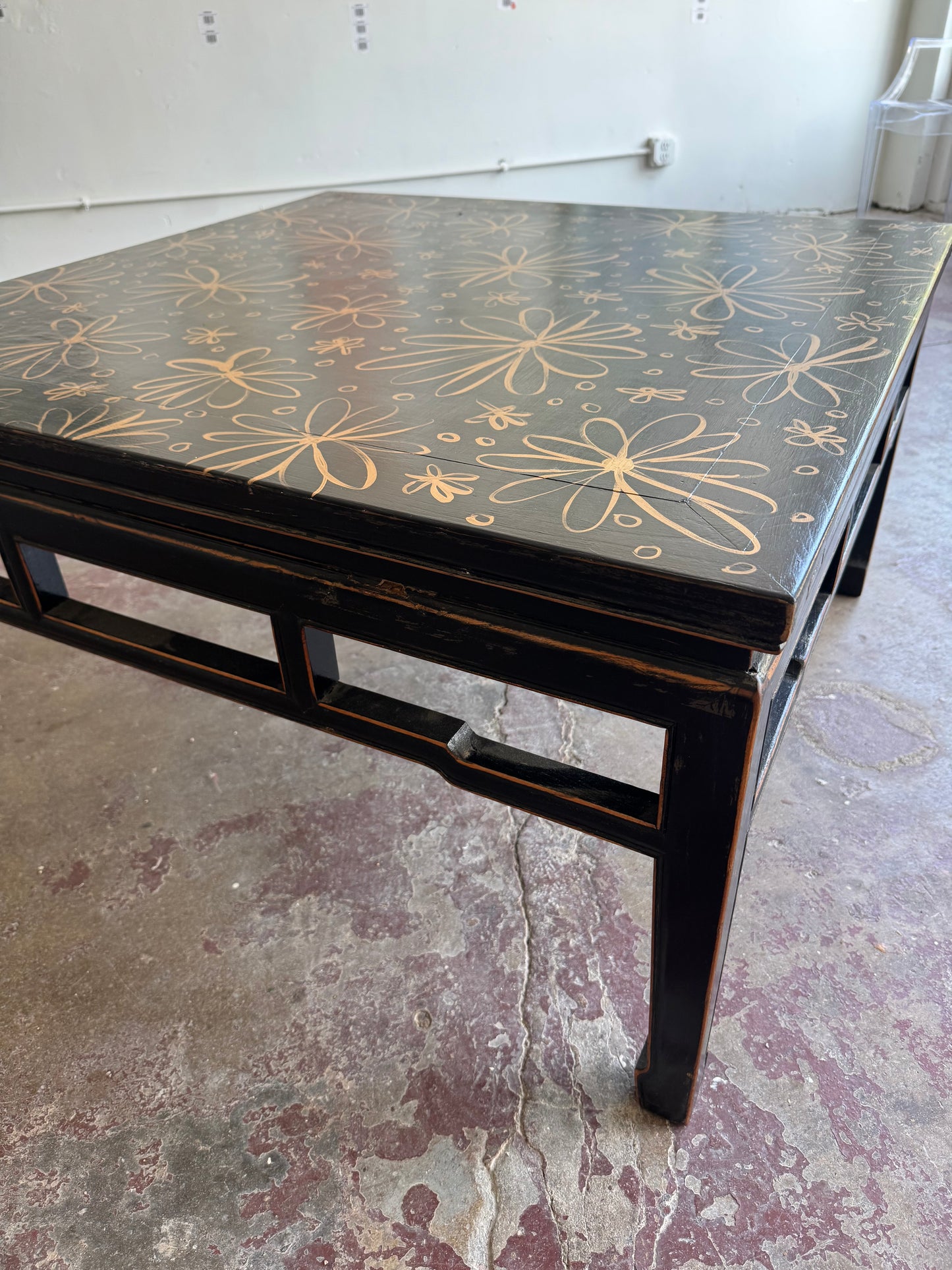 ”Midnight Bloom” by Dorothy Art, mixed media on vintage coffee table