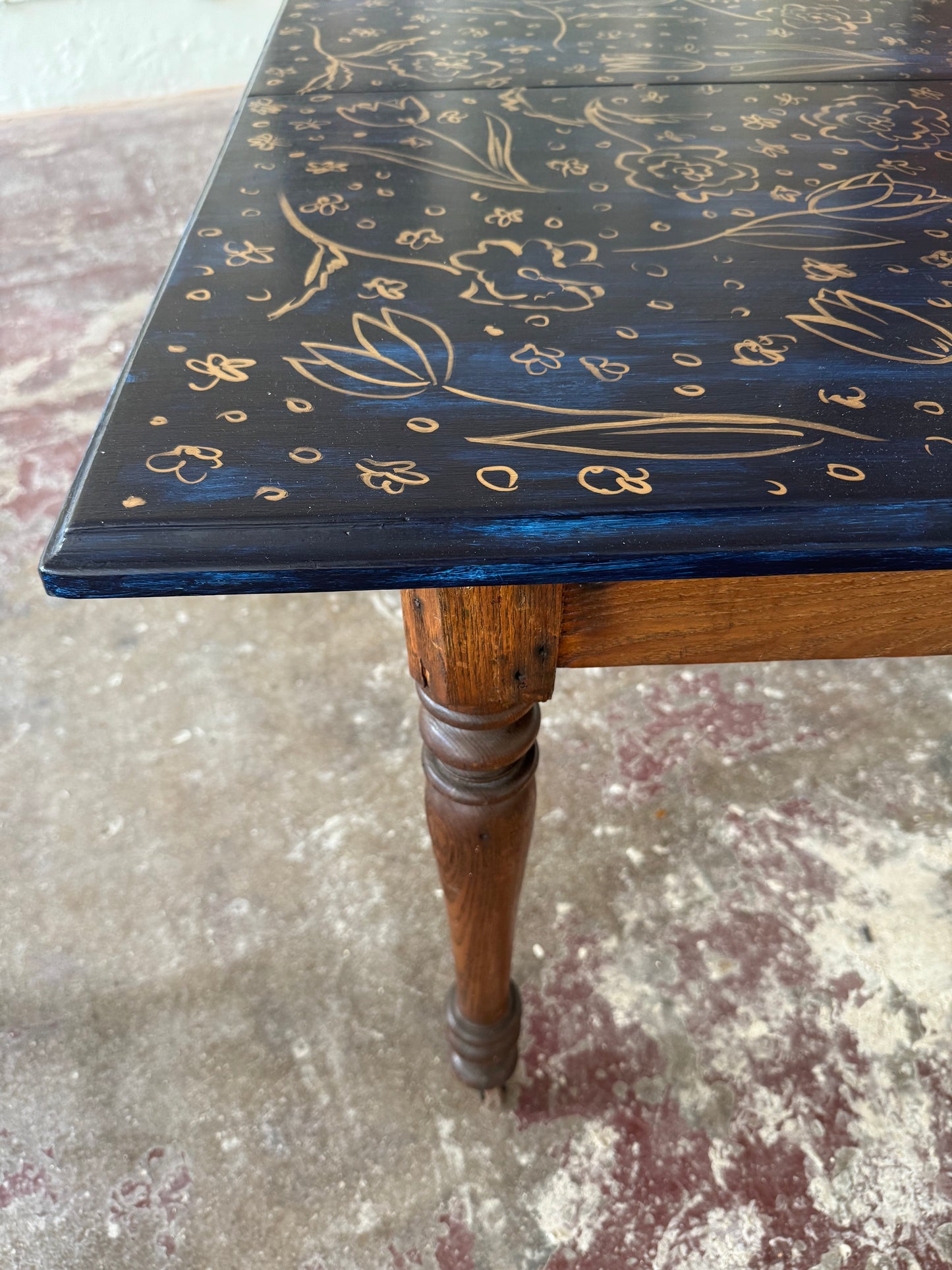 “Twilight Tulips” by Dorothy Art, mixed media on vintage wooden game table